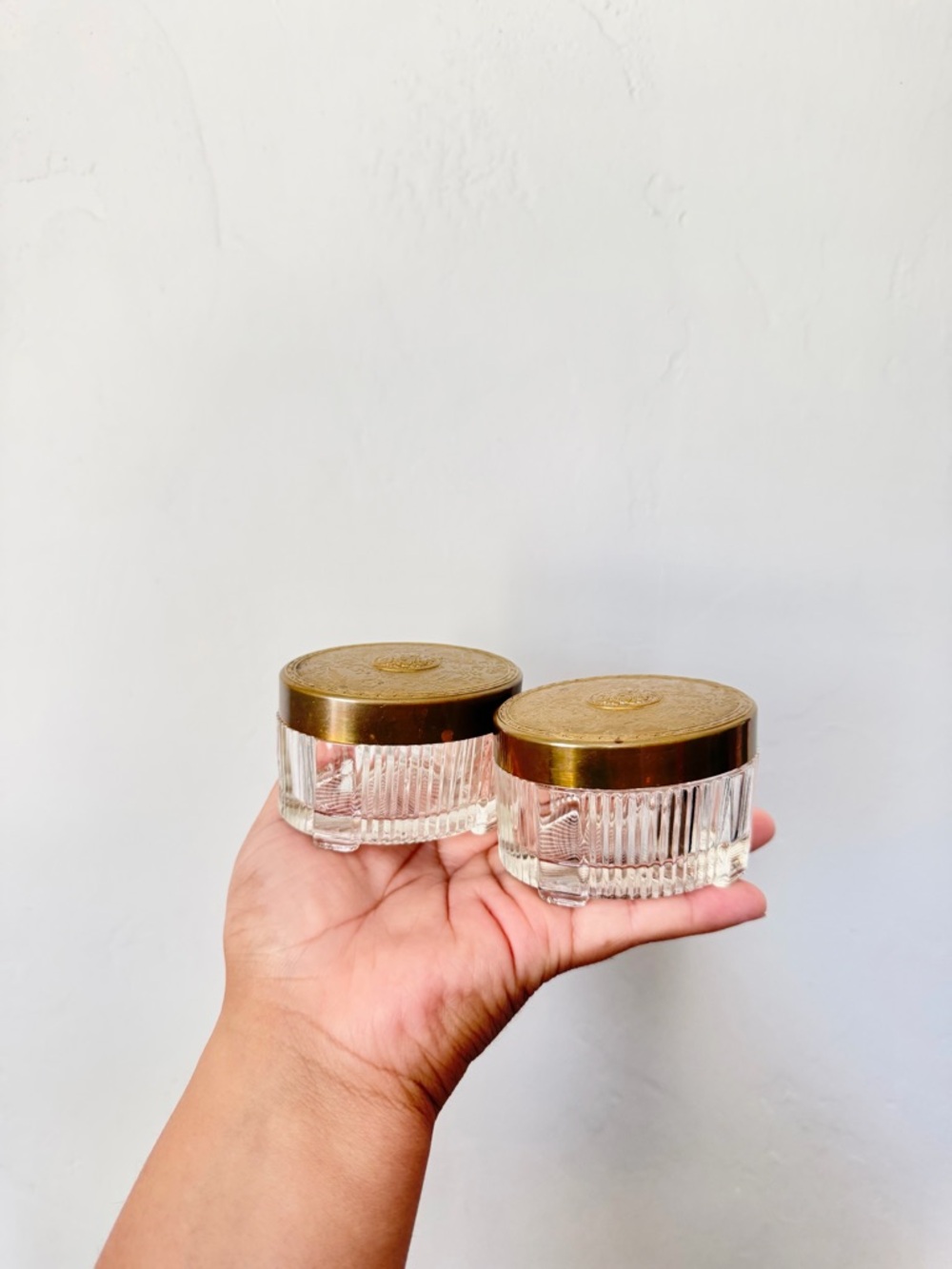 Pair of Vintage Glass Trinket Jars with Gold Lids